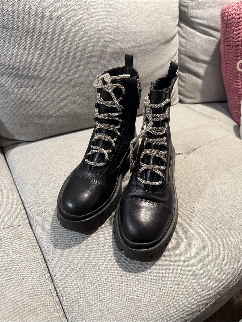 SCHUTZ Black Combat Boots with Rhinestone Laces
